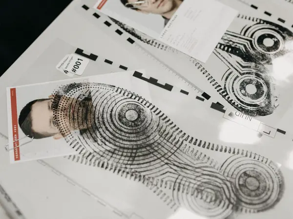 Shoe-print and fingerprint cards at the forensic science stand